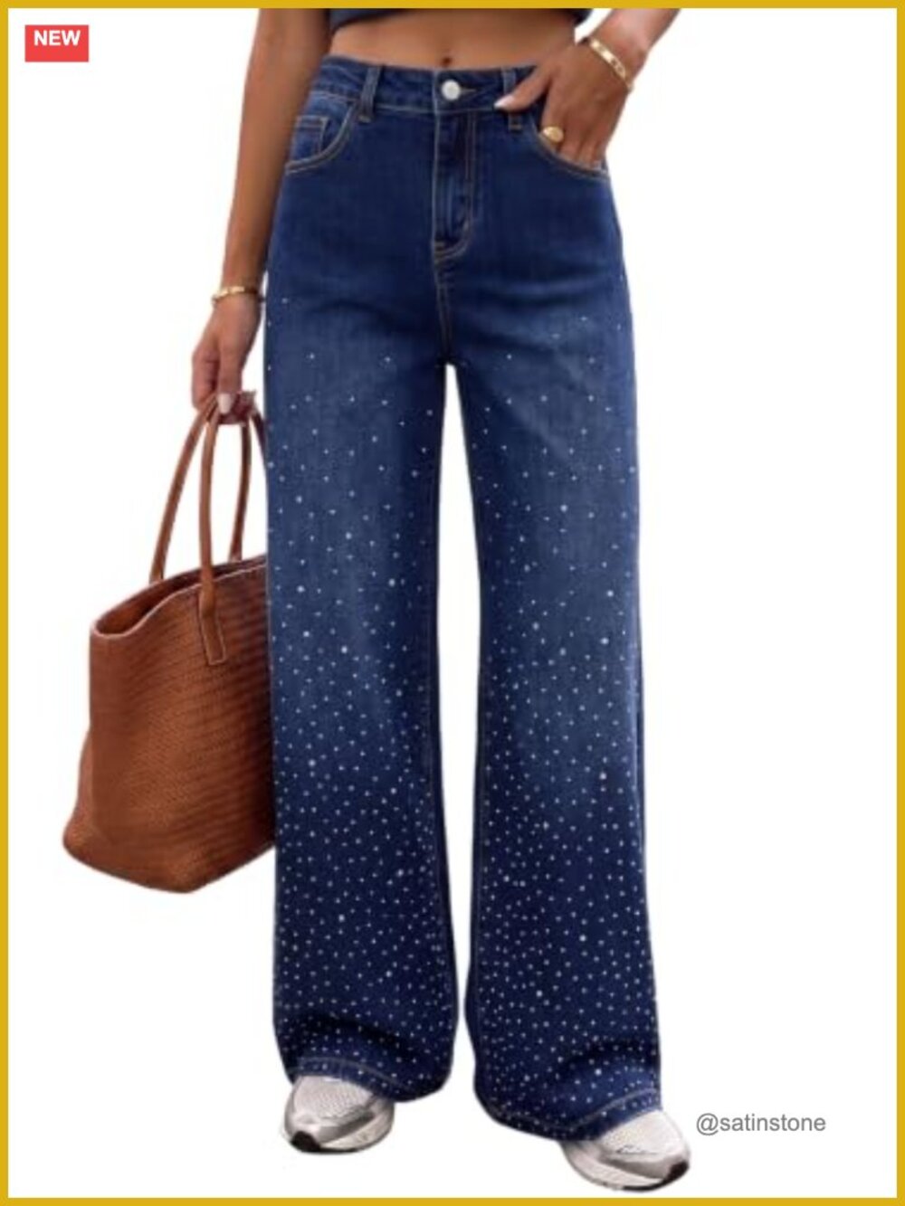 Wide Leg Stretchy Jeans Rhinestone High Rise Trendy Denim Pants